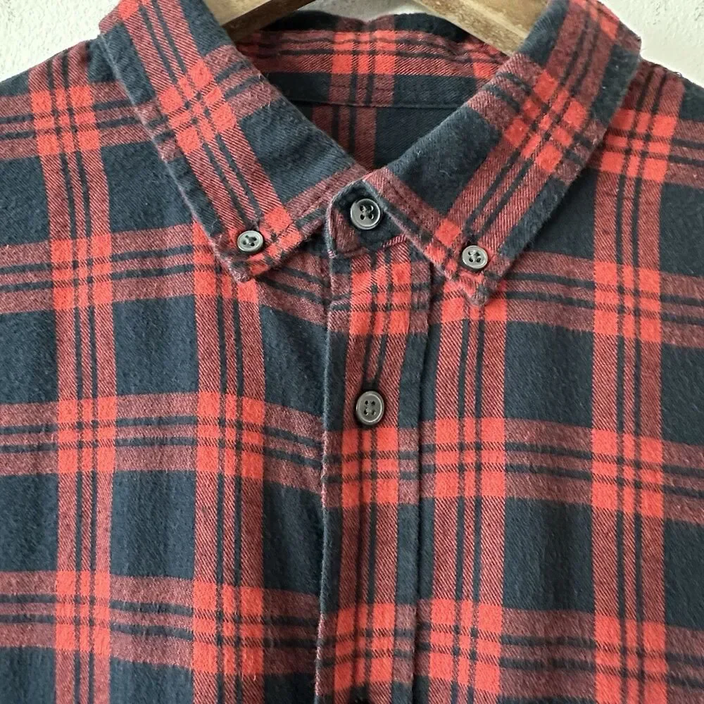 Cotton & Co Red Black Plaid Flannel Button Down Shirt Grunge Goth Classic L